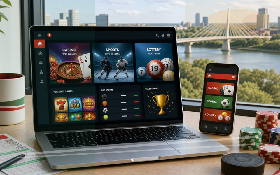 PlayNow MB dashboard with lottery and sports motifs