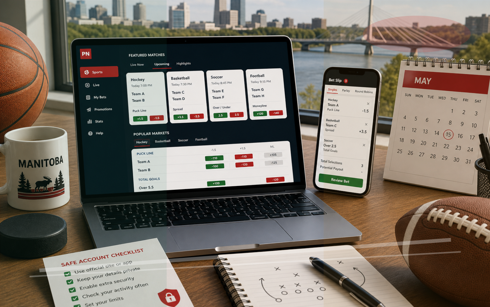 Sports markets and bet slip on desktop and phone
